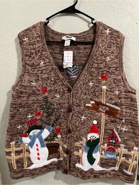 CJ Banks Brown Holiday Snowman Embroidered Vest